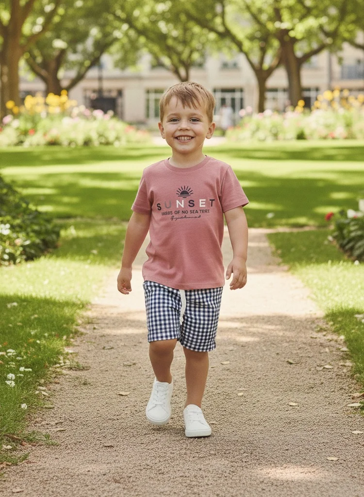 Dirkje Boys 2 Pc Set “Sunset Gingham” Tee & Check Shorts Set